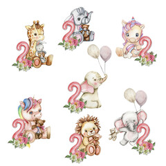 Watercolor hand drawn small baby animals with dahlia flowers and numbers composition. African baby animal for baby shower party design, birthday, cake, kids room decorations, poster, cards, fabric.