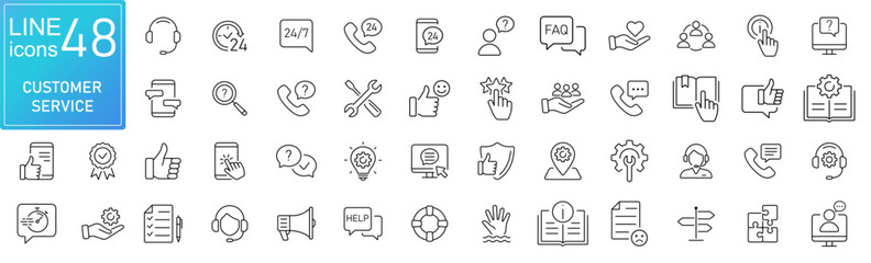 Customer Service and Support - Outline Icon set. Thin Line Set contains such Icons as Online Help, assistance, experience, feedback, operator and technical support, Helpdesk, Quick Response, Feedback. - obrazy, fototapety, plakaty