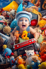 An enthusiastic child sits in a pile of colourful toys. - obrazy, fototapety, plakaty