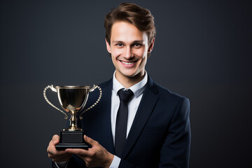 A cheerful employee receiving a trophy with 