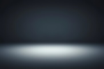 Diffused spotlight on black empty floor defocused distance background. 3d illustration.
