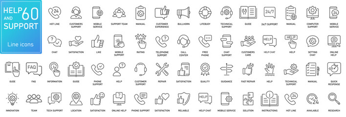 Customer Service and Support - Outline Icon Collection. Thin Line Set contains such Icons as Online Help, Helpdesk, Quick Response, Feedback and more. Simple web icons set. - obrazy, fototapety, plakaty