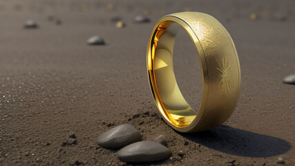 A gold ring with engraving and patterns on a gray, dry ground. A lost piece of jewelry in the desert. Generated AI.