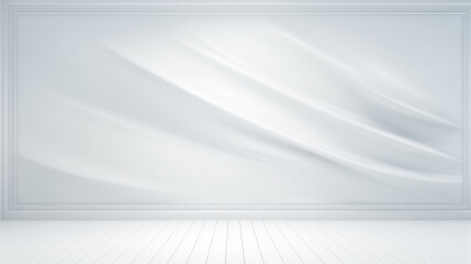 Interior of a empty white room with abstract curtain decorated wall. Copy space. Generative AI