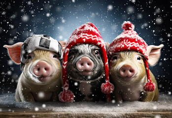 Drei Ferkel mit lustigen Strickmützen im Schneegestöber, Schweinemotiv erzeugt mit Generative - obrazy, fototapety, plakaty