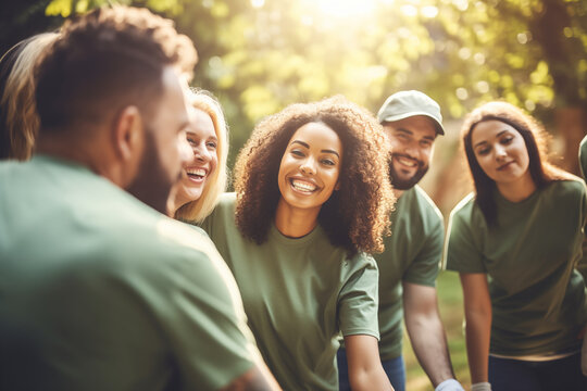 A team of employees volunteering together for a community project, highlighting their commitment and teamwork, creativity with copy space