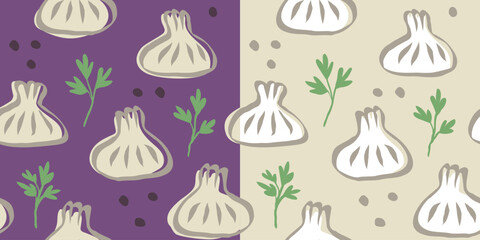 Vector seamless pattern of Georgian food of khinkali in doodle style. Khinkali, food of Georgia.