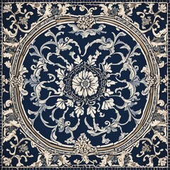 round lace pattern on a blue background _Geometric and floral azulejo tile mosaic pattern. Portuguese or Spanish retro old wall tiles.  