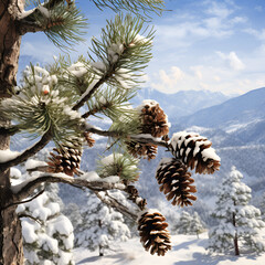 Pine cones covered by snow 