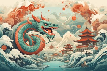Greeting card, banner, flyer, poster with dragon. Happy Chinese New Year 2024 illustration.  - obrazy, fototapety, plakaty
