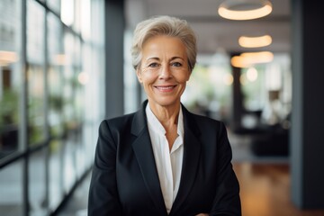 Elegant senior businesswoman in her 50s, poised for success in a modern office setting