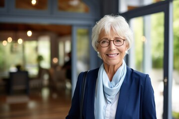 Elegant senior businesswoman in a modern office, representing experience and professionalism