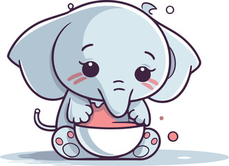 Fototapeta premium Cute little elephant with a bowl of milk. Vector illustration.