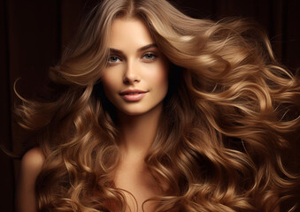 Naklejka premium Beauty portrait of woman with brown shiny silky wavy hair on dark backround.Macro.AI Generative