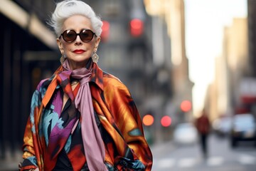Fototapeta premium Elegant senior woman with stylish white hair , draped in a colorful scarf, walking downtown