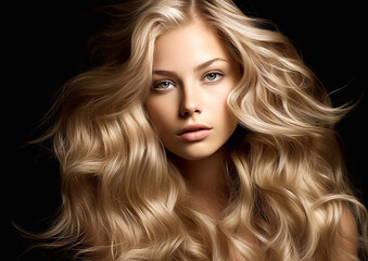 Blond fashion model with silky shiny wavy hair on dark backround.Macro.AI Generative