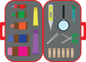 Opened doctor's suitcase with medicines. First aid kit. Vector cartoon illustration.