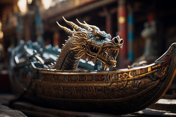 Sculpture of a Chinese dragon in a boat made of precious metal. Mythical formidable creature. An ancient fairy-tale beast. A giant fire-breathing monster.