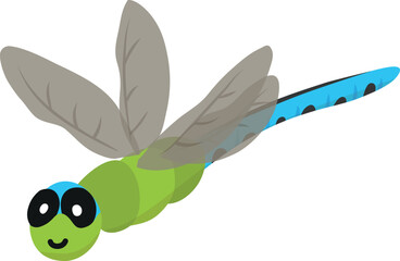 Cartoon green and blue dragonfly isolated on a white background. Colorful vector illustration for children in flat style.