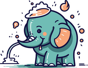 Vector illustration of cute cartoon elephant washing itself. Isolated on white background.