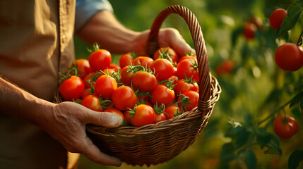 farmer's hands hold a basket of tomatoes. Tomatoes in a wicker basket close-up. Generative AI