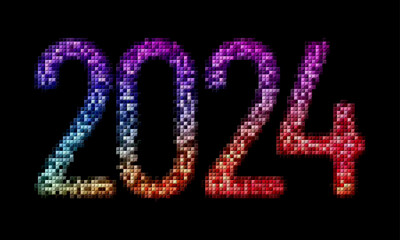 Numbers of the year 2024 in retro pixel style, vector 3d tiles, gradient of pixels for the new year 2024, nostalgic style of the eighties and nineties, bright pixel art digits for new year poster