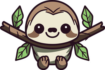 Obraz premium Cute cartoon sloth on tree branch. Vector clip art.