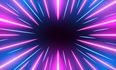 Naklejka premium Blue Rays Zoom in Motion Effect, Light Color Trails. Vector Illustration. Neon retro explosion or hyperspeed, comic style, zap blast explosion, neon rays, retro style neon beams from center