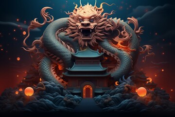 Greeting card, banner, flyer, poster with dragon. Happy Chinese New Year 2024 illustration. 