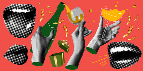 Hands pour champagne. Set of halftone hands, lips, smile, bottle of champagne. Gift box, confetti. Trendy modern newspaper collage. People drink at party. New year, Christmas, Birthday celebration