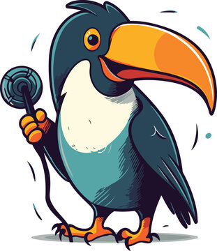 recommend clip art: Cartoon toucan with a microphone in his hand. Vector illustration.