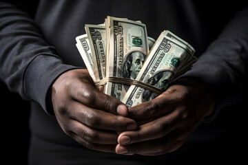 African American man's hand holds a substantial stack of dollar bills, symbolizing financial strength and success