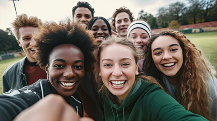 Joyful Diverse Friends Taking Group Selfie at Sports Ground