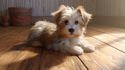 Playful puppy in wooden floor morning light. Generic interior shot, front on view.