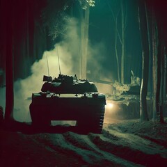 AI generated illustration of a military tank maneuvering along a rugged, unpaved road in a forest - obrazy, fototapety, plakaty