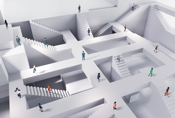 Lots of business people running up and down stairs in an abstract business environment, business busy life, working together concept. 3D rendering illustration - obrazy, fototapety, plakaty