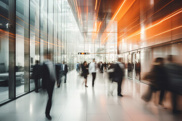 Obrazy na Plexi  Blurred Silhouettes of Business People in lobby of modern business center. Abstract light motion blur effects