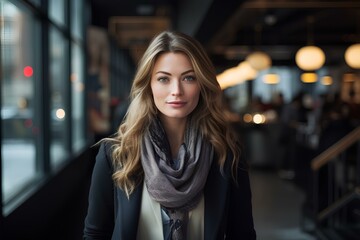 Fototapeta premium a modern caucasian businesswoman with sophisticated and modern fashion, capturing her unique essence and identity against the dynamic urban tapestry. generative AI