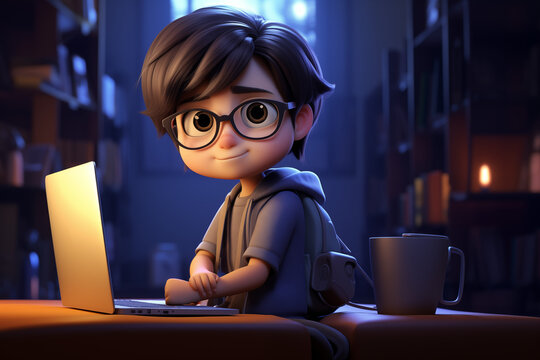 3D Illustration of a Cute Animated Child with Laptop in a Cozy Room at Night