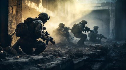  Heavy armed Soldiers on fighting scene, military group in action. War concept - obrazy, fototapety, plakaty