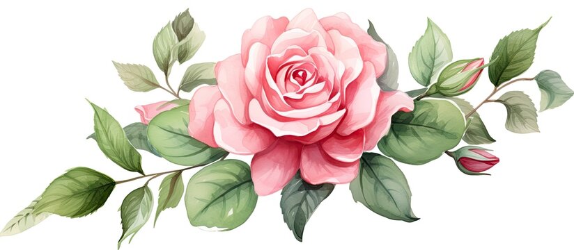 Hand drawn clip art of a watercolor pink rose with red petals surrounded by green leaves and plants in isolation