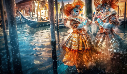 The Carnival of Venice, woman wearing beautiful mask and costume with feathers 