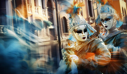 The Carnival of Venice, woman wearing beautiful mask and costume with feathers 