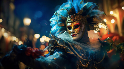 The Carnival of Venice, woman wearing beautiful mask and costume with feathers at night.  - obrazy, fototapety, plakaty