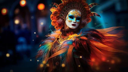Poster The Carnival of Venice, woman wearing beautiful mask and costume with feathers at night.  © IRStone