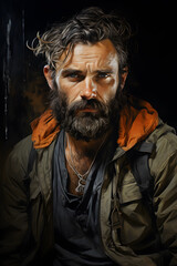 Obraz premium Illustration of a hyper-realistic portrait of a robust, bearded man in his 40s. He must have a weathered appearance.