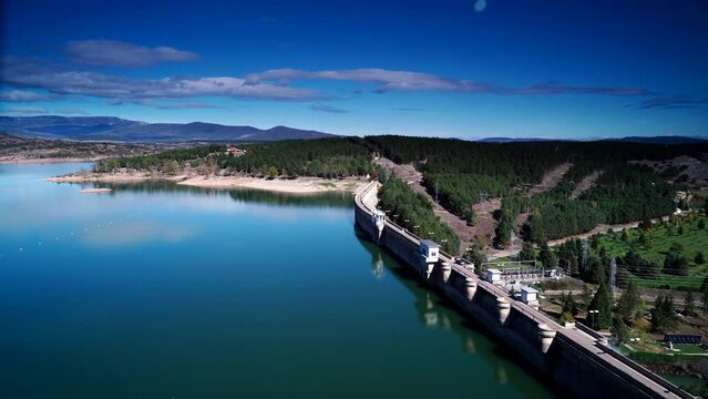 Time lapse.  Dam on Embalse de Aguilar de Campoo in province of Palencia, Castile and Leon community, northern Spain.