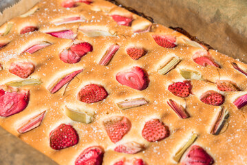 A freshly baked strawberry and rhubarb cake, sprinkled with sugar dusting, captures the essence of summer with its vibrant colors and rich texture.