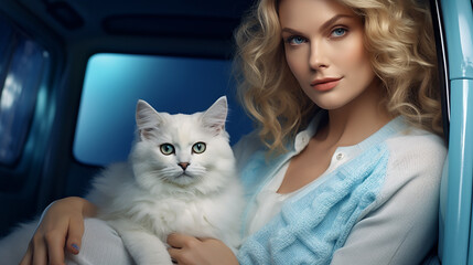 mature blonde lady with her cat on her lap