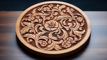 Arabic carved ornament on wooden plate, patterns. Souvenir carving plate.